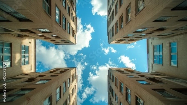 Obraz Modern apartment towers with reflective windows mirroring the blue sky and scattered clouds
