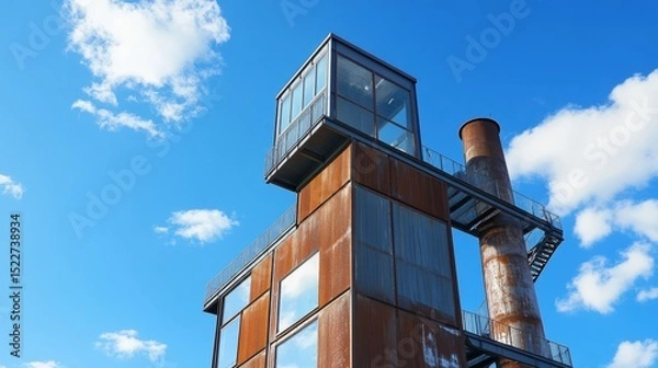 Obraz Modernized industrial structure in Duisburg with original chimney preserved, framed by a bright blue sky and scattered clouds