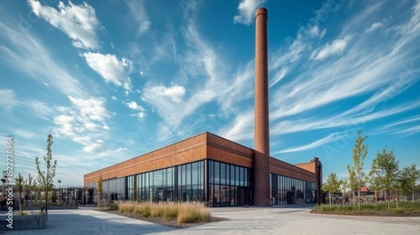 Obraz Modernized industrial structure in Duisburg with original chimney preserved, framed by a bright blue sky and scattered clouds