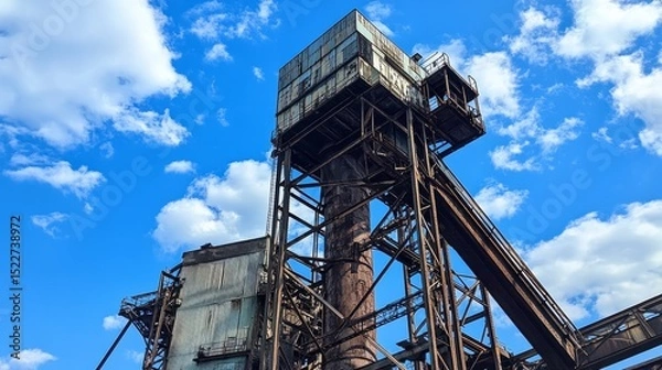 Obraz Modernized industrial structure in Duisburg with original chimney preserved, framed by a bright blue sky and scattered clouds