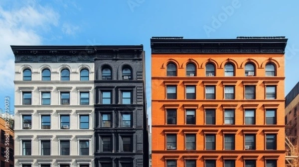 Obraz Old and new apartment buildings side by side under a pristine blue sky, showing architectural contrast