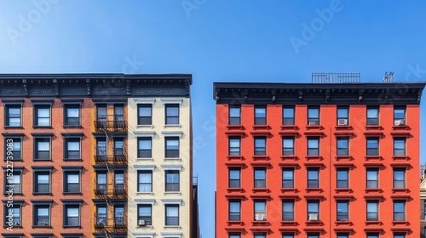 Obraz Old and new apartment buildings side by side under a pristine blue sky, showing architectural contrast