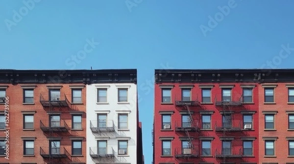 Obraz Old and new apartment buildings side by side under a pristine blue sky, showing architectural contrast