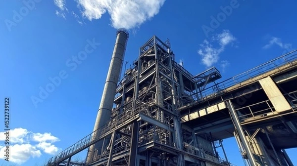 Obraz Old coal processing plant in Duisburg, complete with metal frameworks and chimney, under open blue skies