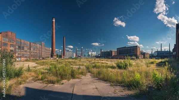 Obraz Panoramic view of Duisburg's industrial park with multiple chimneys and warehouses under a deep blue summer sky