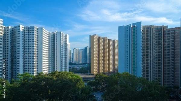 Obraz Rows of uniform high-rise flats lined along a street, with sharp shadows under a bright midday blue sky