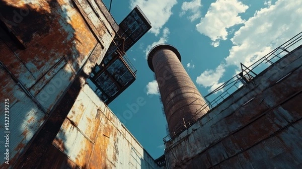 Obraz Steel mill remains in Duisburg with dramatic shadows and a massive chimney under the calm of a blue sky