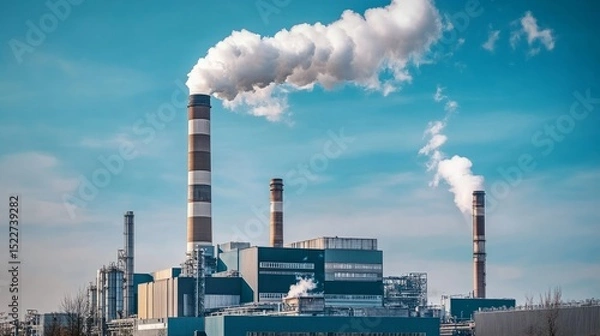 Obraz Urban industrial landscape in Duisburg with a towering smokestack, showing resilience and history under a blue sky