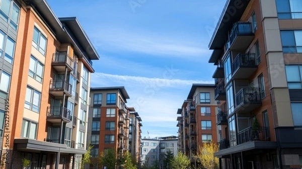 Obraz Vertical shot of apartment buildings forming a canyon-like view, with the blue sky peeking between them