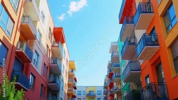 Obraz Vertical shot of apartment buildings forming a canyon-like view, with the blue sky peeking between them