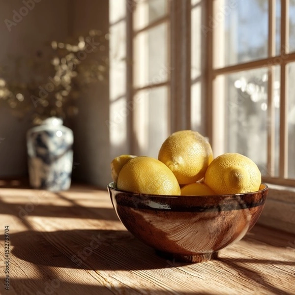 Fototapeta Fresh lemons in a rustic bowl on a wooden table illuminated by natural sunlight