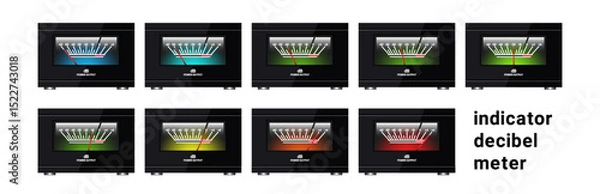 Obraz Vector set gadgets of arrow luminous vintage retro indicators, decibel meter, different values. Collection of devices with scale. Measuring equipment with screen, display. Isolated background