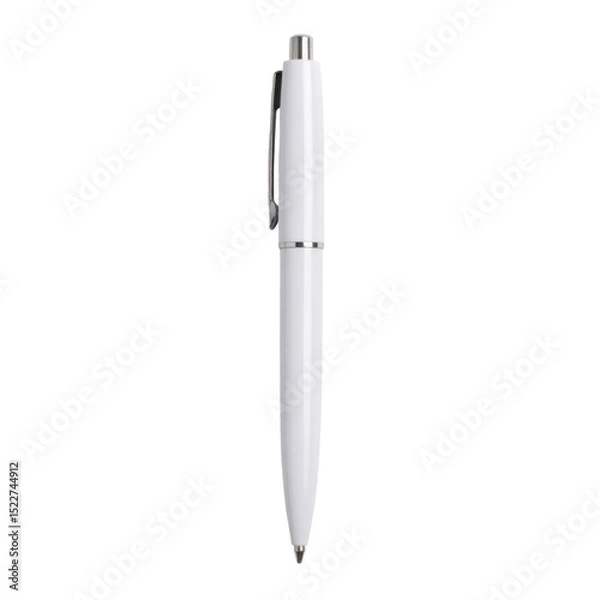 Fototapeta A sleek white ballpoint pen with a silver clip and push button.