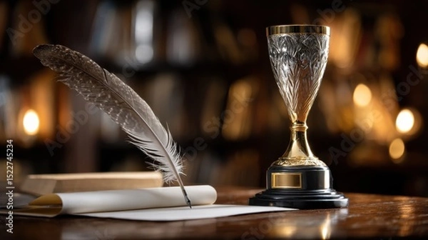 Fototapeta A feather and a cup are on a table