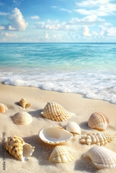 Obraz sandy beach, shells and starfish, Generative AI