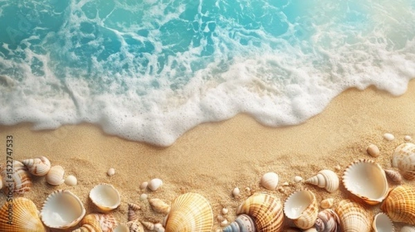 Fototapeta sandy beach, shells and starfish, Generative AI