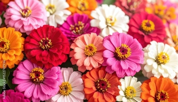 Fototapeta Colorful Zinnia flower assortment in reds, oranges, pinks, and whites, presented in a textured arrangement