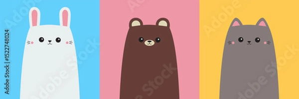 Fototapeta Cat kitten kitty, bear, rabbit bunny hare set. Round face icon line. Cute cartoon character. Kawaii animal. Funny baby. Love card. Childish style. Flat design. Colorful background. Isolated. Vector