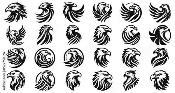 Obraz Majestic eagle heads vector illustration, black and white, logo design elements