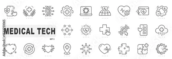 Fototapeta Set of medical technology related line icons. Digital, innovation, tech, healthcare etc. Editable stroke. Set 3