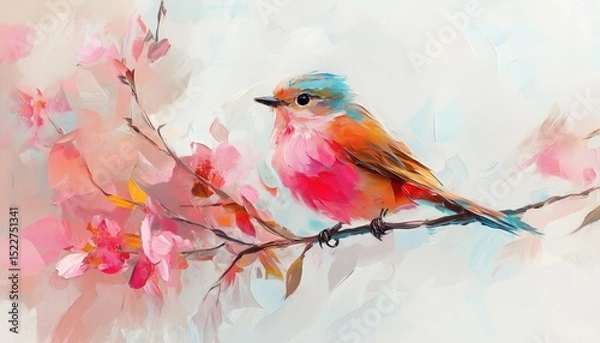 Fototapeta Ful Abstract Oil Painting Depicting Bird And Spring Flower On Canvas. Modern Art Featuring Animal And Floral Elements In Oil And Acrylic Brushwork.