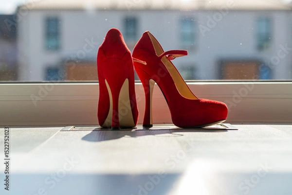 Fototapeta Red ladies pumps on the floor in front of a window