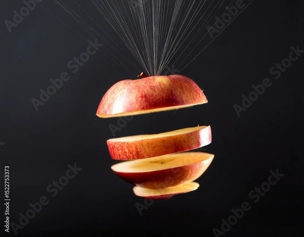 Obraz A red apple is sliced horizontally into floating segments, suspended mid-air against a dark background with visible support lines above.