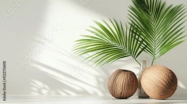 Fototapeta Coconuts with leaves on a white background, selective focus, Generative AI,