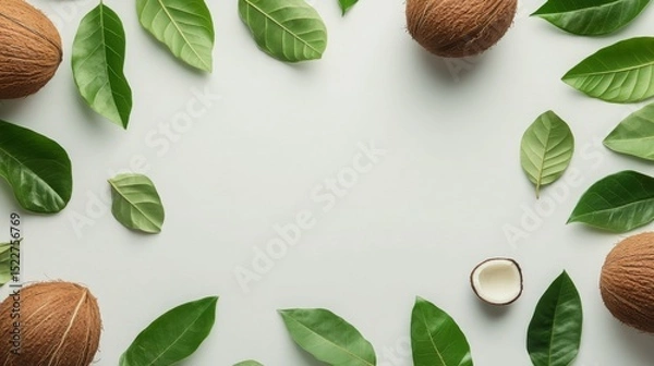 Fototapeta Coconuts with leaves on a white background, selective focus, Generative AI,