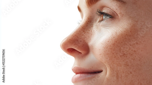 Fototapeta Close up of smiling woman face showing natural pores, freckles, and glowing skin with side profile view and soft lighting highlighting her eyelashes and smooth complexion