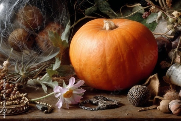 Obraz Autumn Still Life Photography Orange Pumpkin Gourd Fall Harvest Nature Decorative Elements Rustic Wooden Table Background Seasonal Thanksgiving Image web plant color scene stock leaves design beauty  