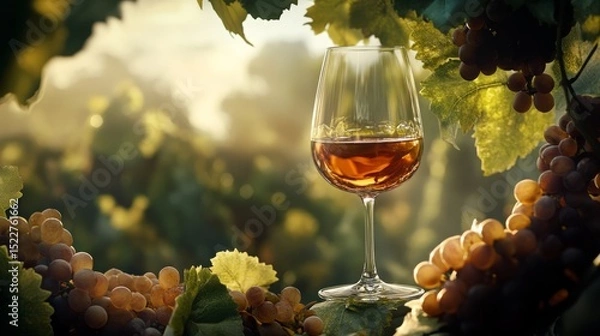 Fototapeta glass of wine on a wooden barrel. selective focus. Generative AI,