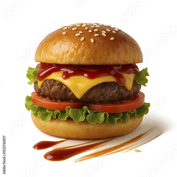 Fototapeta Delicious Burger Delight: A mouthwatering image of a perfect burger with a sesame seed bun, a juicy beef patty, melted cheese, fresh tomato slices, and vibrant lettuce, drizzled with savory sauce.
