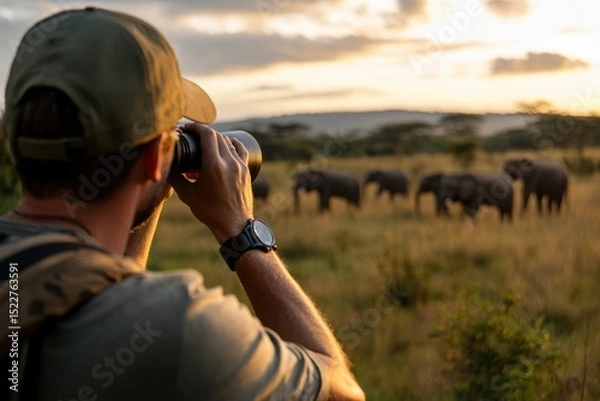 Obraz Conservationist observing elephants in nature reserve wildlife photography african grassland at sunset close-up perspective environmental protection