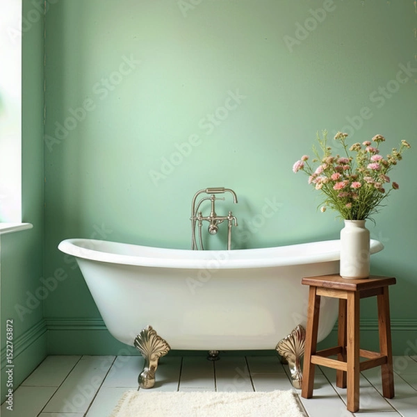 Fototapeta A serene vintage bathroom with a classic white clawfoot tub and ornate chrome feet against a calming sage green wall, perfect for a relaxing soak.
