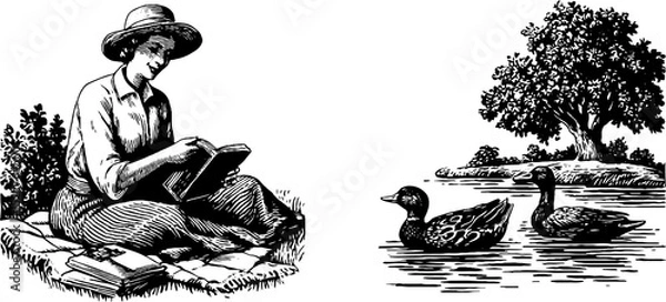 Fototapeta Engraved illustration of teacher reading by riverside with ducks and tree