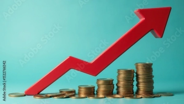 Fototapeta business calculates inflation red arrow with a percentage sign and a pile of coins, concept of higher inflation and more expensive food. Inflation and interest rate hikes.