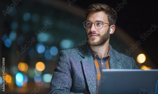 Fototapeta Man with glasses and blazer using laptop at night with city lights in the background looking away