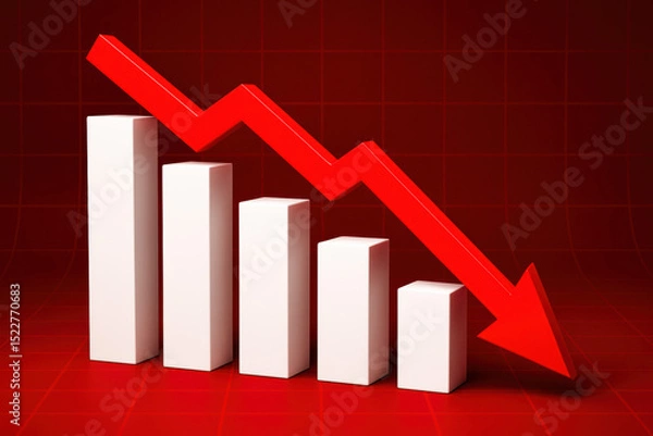 Obraz A downward trend in performance is depicted by a declining red arrow over a bar chart illustrating reduction and loss in business growth