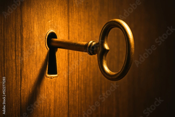 Obraz A vintage key partially inserted into a keyhole on a wooden surface symbolizes unlocking potential and access in a business context