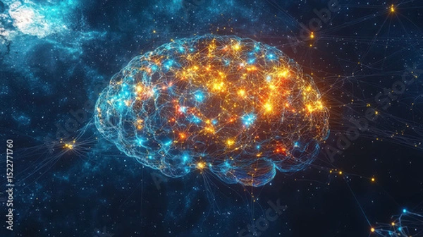 Obraz Vibrant brain glowing in cosmic expanse interconnected with bright lights and energy