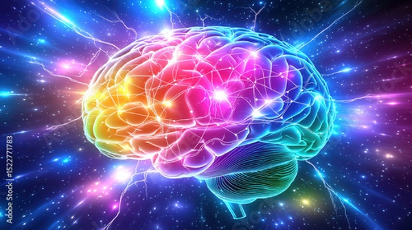 Obraz Vibrant brain glowing in cosmic expanse, interconnected with energy and light