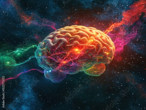 Obraz Vibrant brain glowing in cosmic setting, intertwined with colorful energy streams