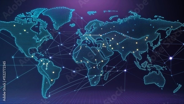 Fototapeta Forming network map with glowing blue dots on high-tech display, with neon lines and hubs