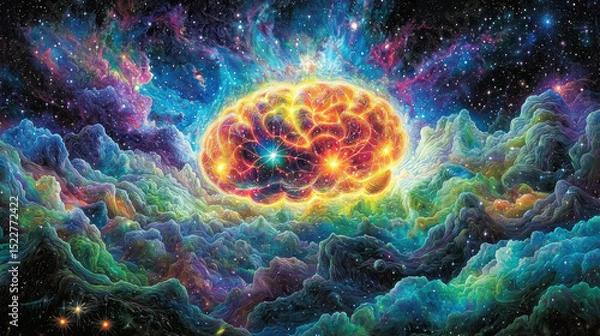 Obraz Vibrant glowing brain pulsating with energy surrounded by colorful cosmic clouds