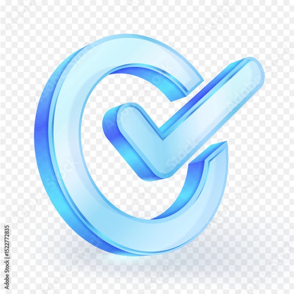 Fototapeta Check mark icon in circle, blue transparent glass material isolated on transparent background. 3D vector illustration.