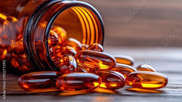 Obraz Close up view of softgel capsules spilling from brown bottle, showcasing their glossy texture