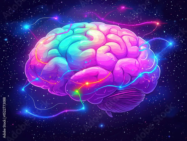 Fototapeta Vibrant brain glowing in cosmic setting, intertwined with colorful energy