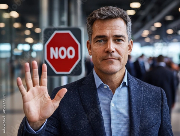 Obraz Professional businessman in blazer raising hand in stop gesture, conveying authority and caution