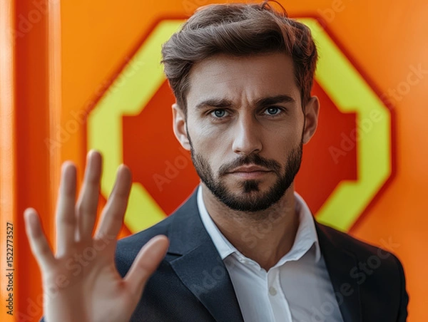 Obraz Closeup of businessman with serious expression, hand raised in stop gesture
